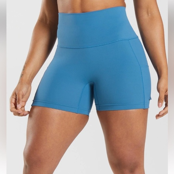 Gymshark Pants - Gymshark Women's Blue High-Waisted Shorts Size Small